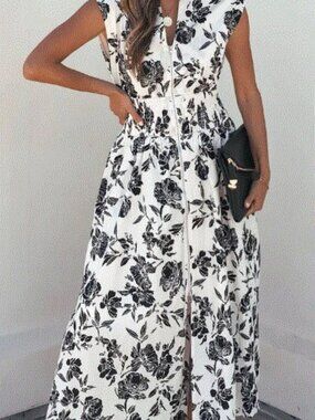 She + Sky White and Black Floral Print Smocked Midi Dress